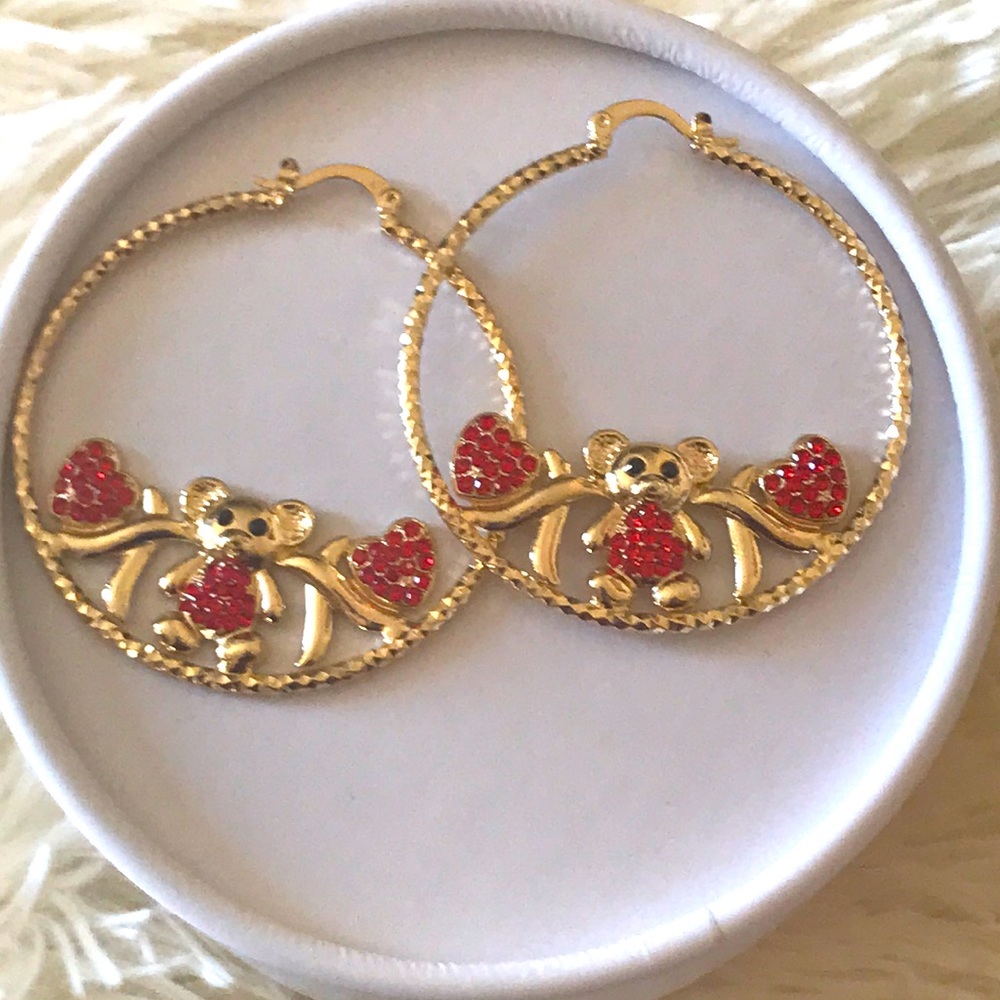 Teddy Bear /Heart Gold Hoops